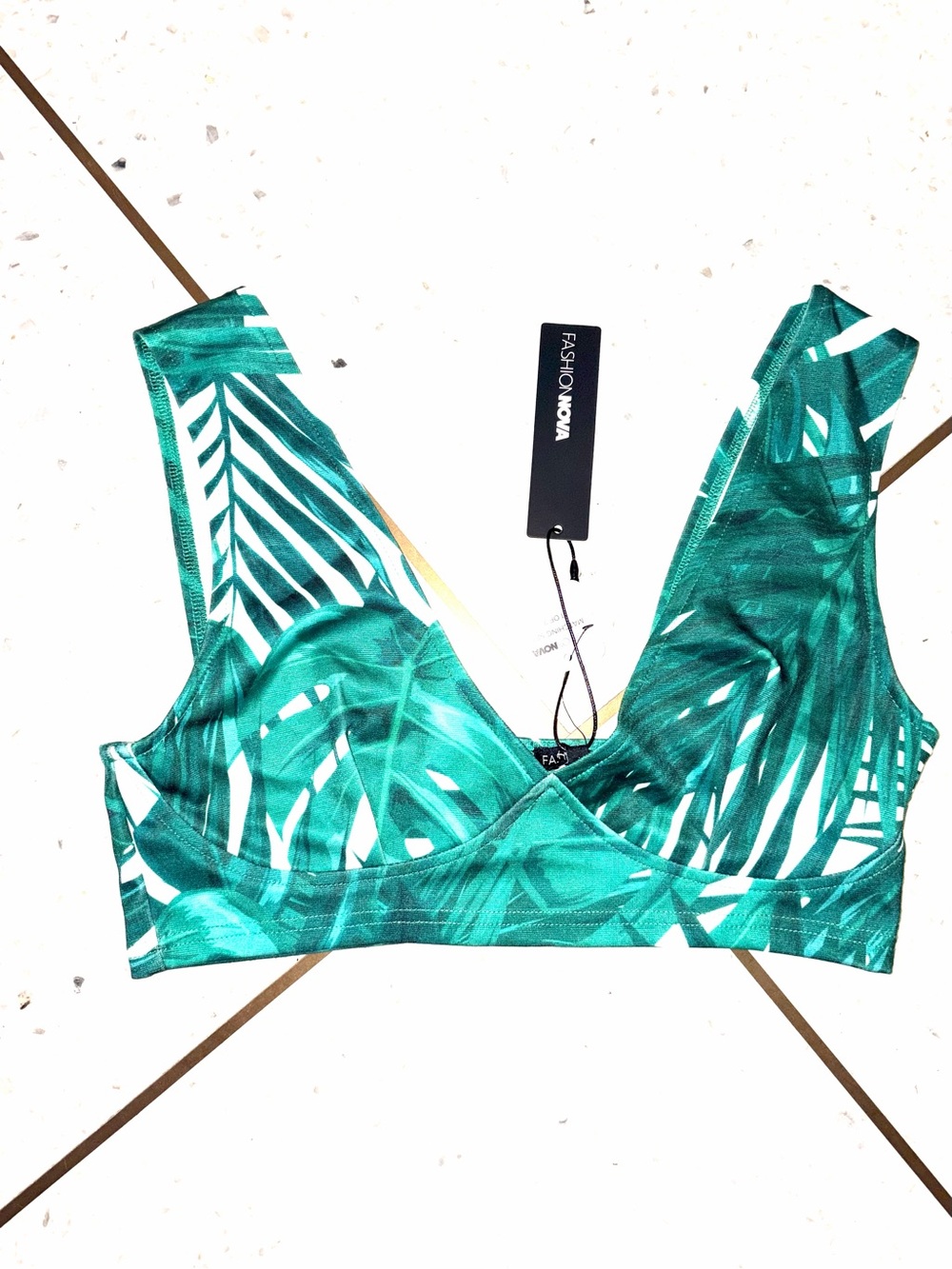Fashion Nova Teal Palm-Print Women's Swim Top